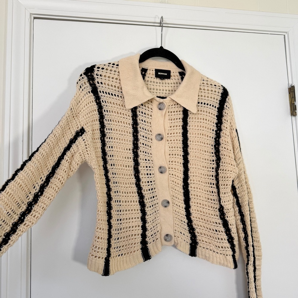 Monrow $225 Striped Organic Cotton Open Knit Crochet Cardigan Size Small - Picture 5 of 10
